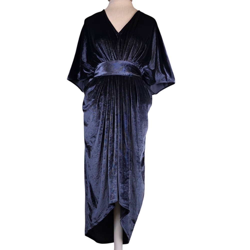 Coldesina Women's XS Velvet Kimono Dress Navy Belted High-Low Hem NWT